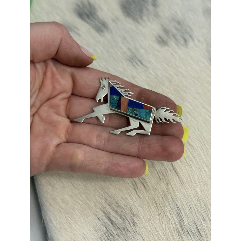 Native American Sterling Silver Inlay Horse Pin Turquoise Coral Robert Vandover - Picture 10 of 15